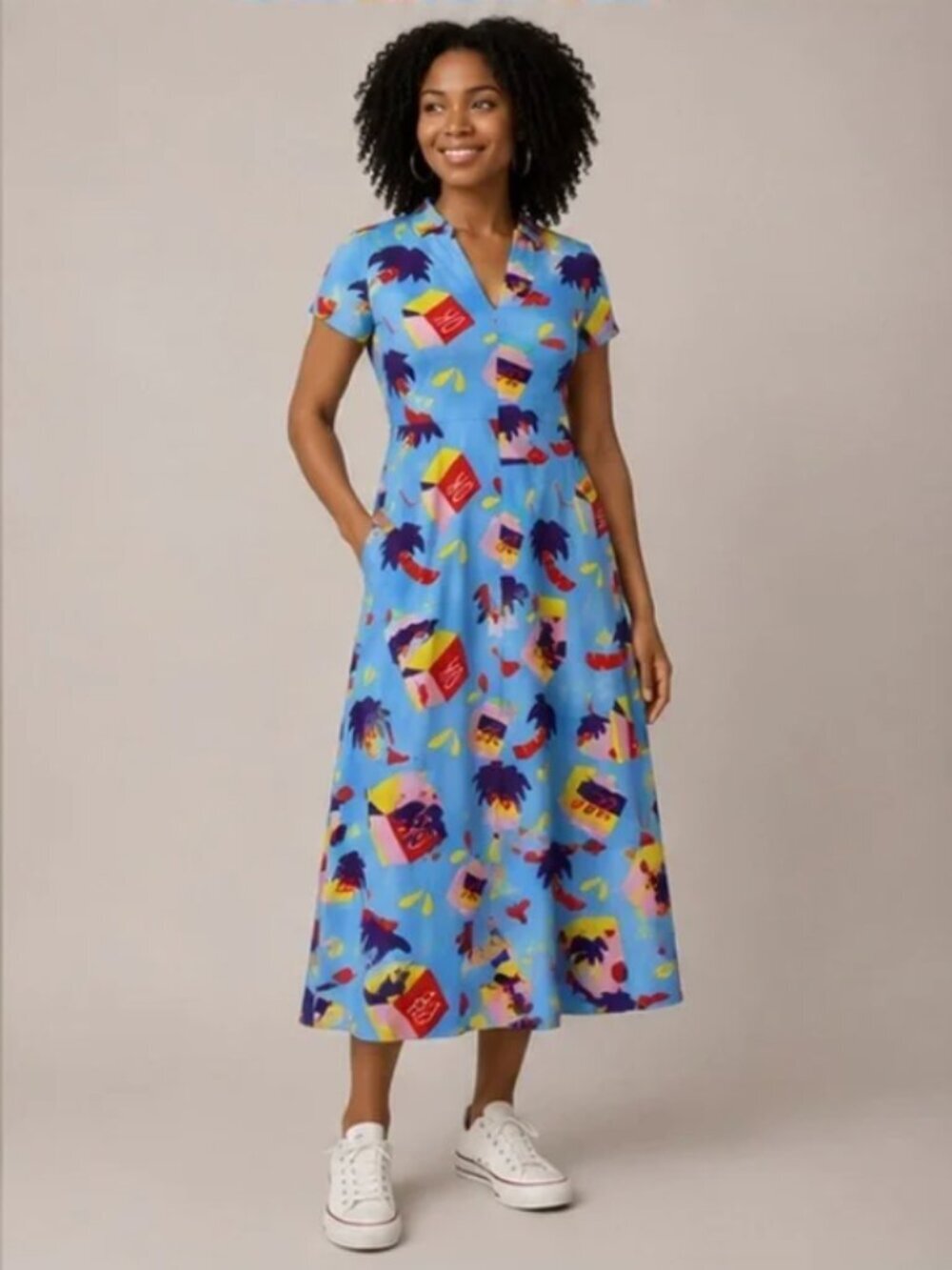 Nooworks Snack Box Dress Greta Blue Snacks Midi Short Sleeve XS V Neck Made USA